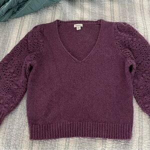 Sundance Plum V-Neck Sweater with Lace Balloon Sleeves